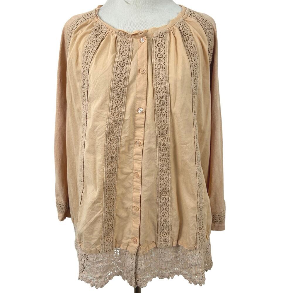 LOGO by Lori Goldstein Peach Cotton Lace Trim Button Front Boho Tunic Top M - Picture 1 of 7